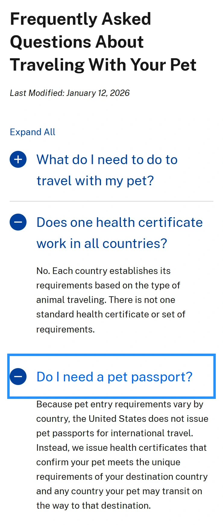 USDA APHIS FAQ saying health certificates are country-specific and the United States does not issue pet passports for international travel