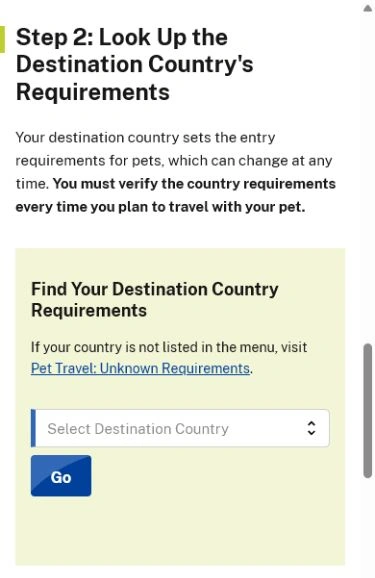USDA APHIS Step 2 destination country selector for pets leaving the United States