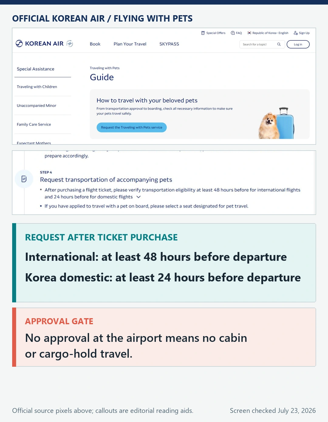 Official Korean Air Flying with Pets page showing the pet transportation request step and 48-hour international and 24-hour domestic deadlines